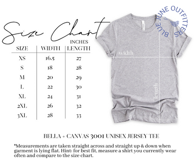 Bella + Canvas 3001 Unisex Jersey Tee size chart.  All measurements are in inches.  Blue June Outfitters offers sizes extra small to 3XL in these tees. 