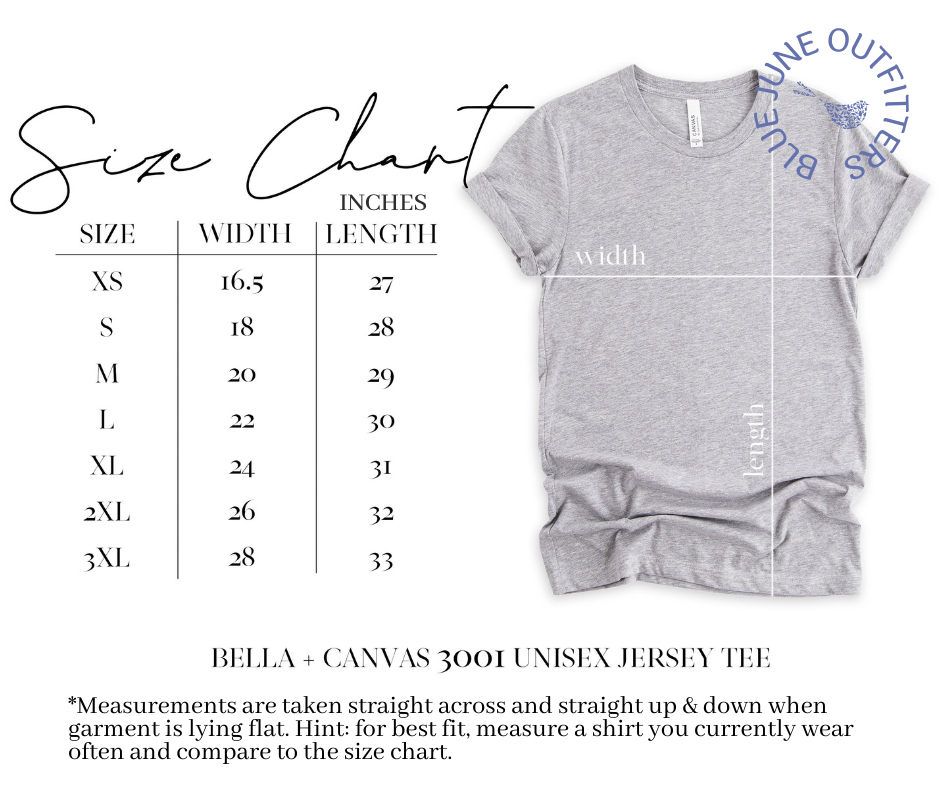 Bella + Canvas 3001 Unisex Jersey Tee size chart.  Measurements are in inches.  Blue June Outfitters offers this tee in sizes extra small to 3XL.