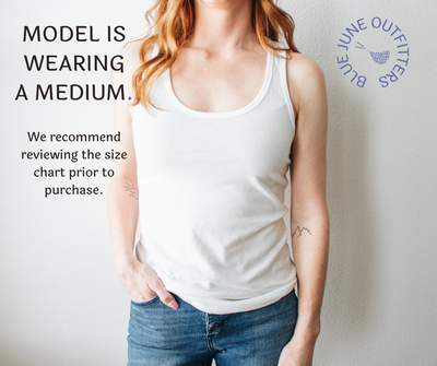 Slim female modeling the white racerback tank top. She is wearing a medium. We recommend reviewing the size chart prior to purchase.
