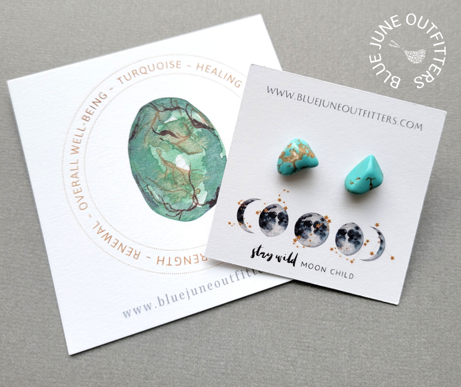 Genuine turquoise stud earrings. They are organically with brown marbling. They arrive thoughtfully packaged on an earring card with our web address and celestial moon phase at the bottom of the card in blue and gold that reads Stay Wild Moon Child. Included as well is a 3x3" watercolor turquoise gemstone card that lists the metaphysical properties - healing, strength, renewal, well-being. 