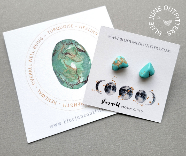 Genuine turquoise stud earrings. They are organically with brown marbling. They arrive thoughtfully packaged on an earring card with our web address and celestial moon phase at the bottom of the card in blue and gold that reads Stay Wild Moon Child. Included as well is a 3x3" watercolor turquoise gemstone card that lists the metaphysical properties - healing, strength, renewal, well-being. 