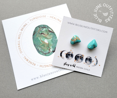 Genuine turquoise stud earrings. They are organically with brown marbling. They arrive thoughtfully packaged on an earring card with our web address and celestial moon phase at the bottom of the card in blue and gold that reads Stay Wild Moon Child. Included as well is a 3x3" watercolor turquoise gemstone card that lists the metaphysical properties - healing, strength, renewal, well-being. 