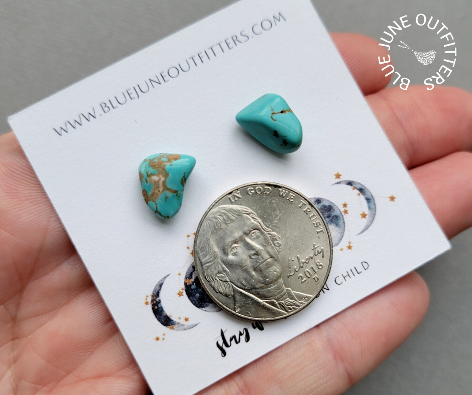 Pair of turquoise earrings next to an United States nickel for size reference.  Each one is approximately 1/3 the size of a nickel in this photo.