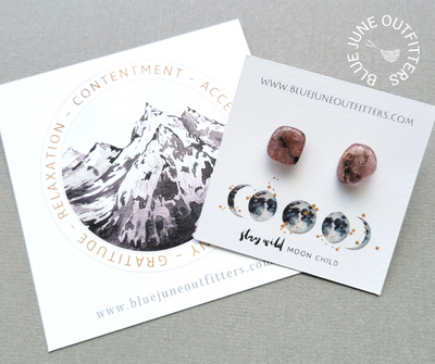 The same pair of earrings on the jewelry card shown here with the metaphysical properties card that is included.  That card has a beautiful black and grey watercolor of mountain ranges and lists the properties - contentment, self acceptance, harmony, gratitude and relaxation.