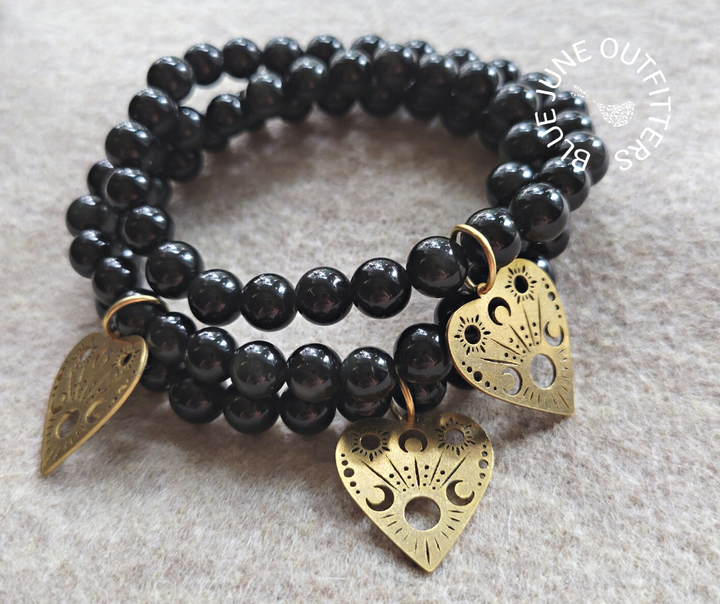 Obsidian Beaded Bracelet With Planchette Charm