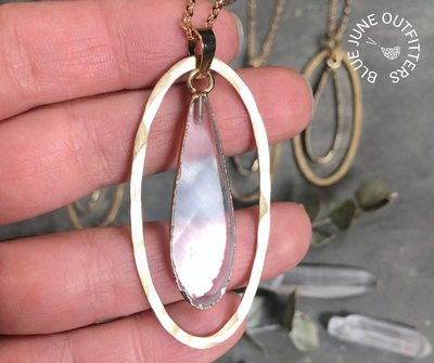 14K Gold electroplated clear quartz crystal pendant & hammered brass oval. 