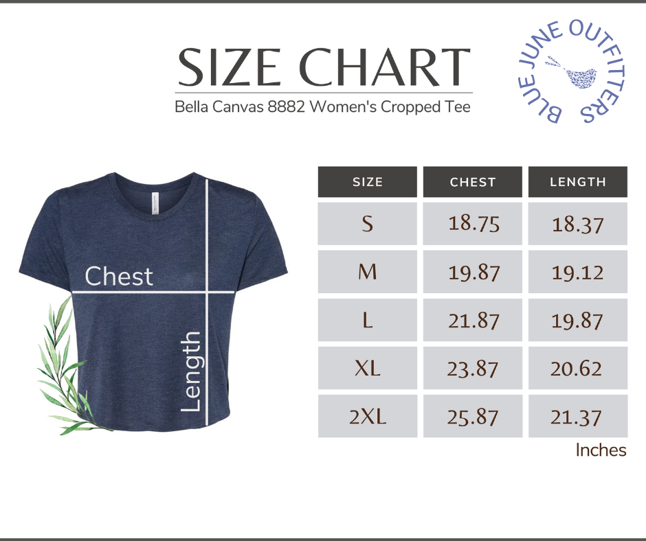 Bella Canvas 8882 Women's Cropped Tee size chart.  We offer sizes small to 2XL.