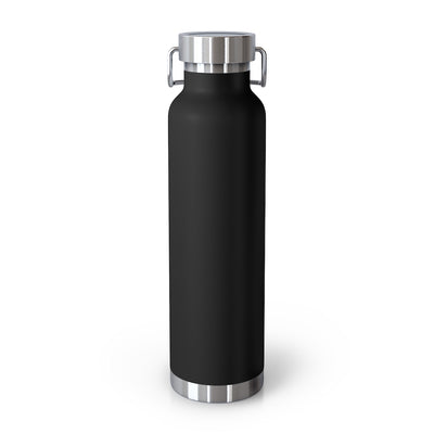 Back view of the black bottle with the stainless steel lid and handle. There is no artwork on the back. 