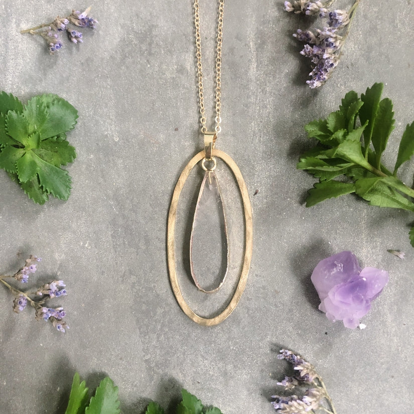 14K Gold electroplated clear quartz crystal pendant & hammered brass oval. 