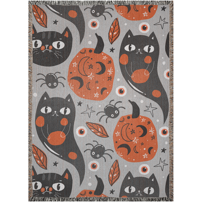 Witchy Cat & Pumpkins | Woven Halloween Blanket