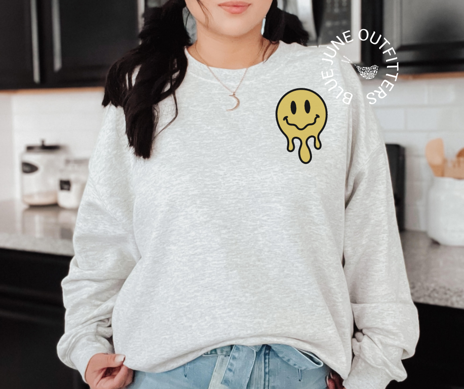 Melting Smiley Face | Pocket Design Crewneck Sweatshirt